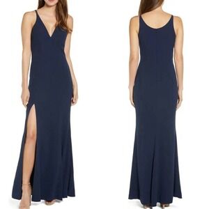 Dress The Population Iris Slit Crepe Gown L Navy Blue Sleeveless Gown Maxi‎